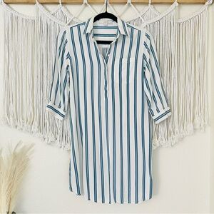 Loft Striped Shirt Dress Size 2P Petite White Blue Quarter Sleeves